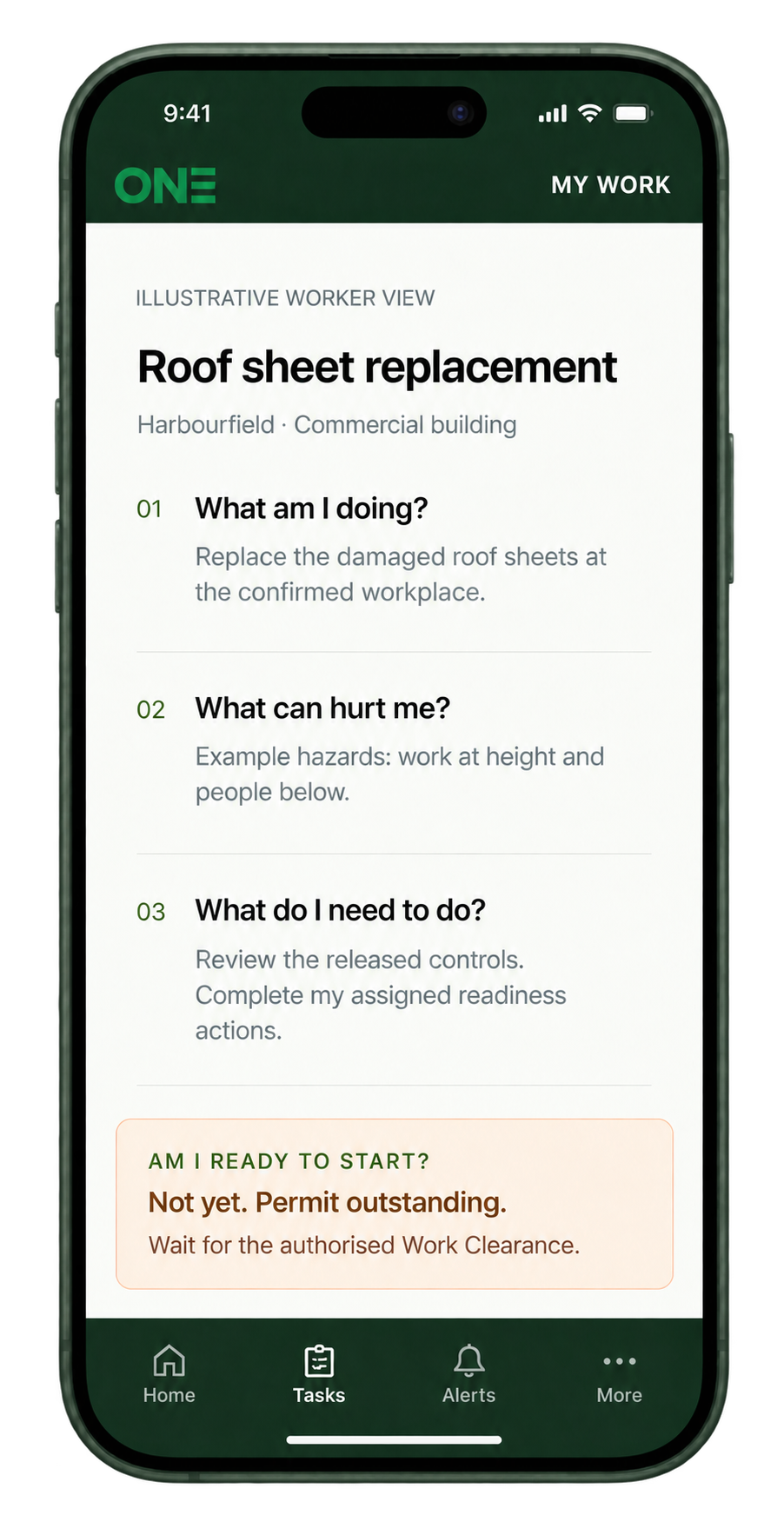 Illustrative ONE worker view on an iPhone